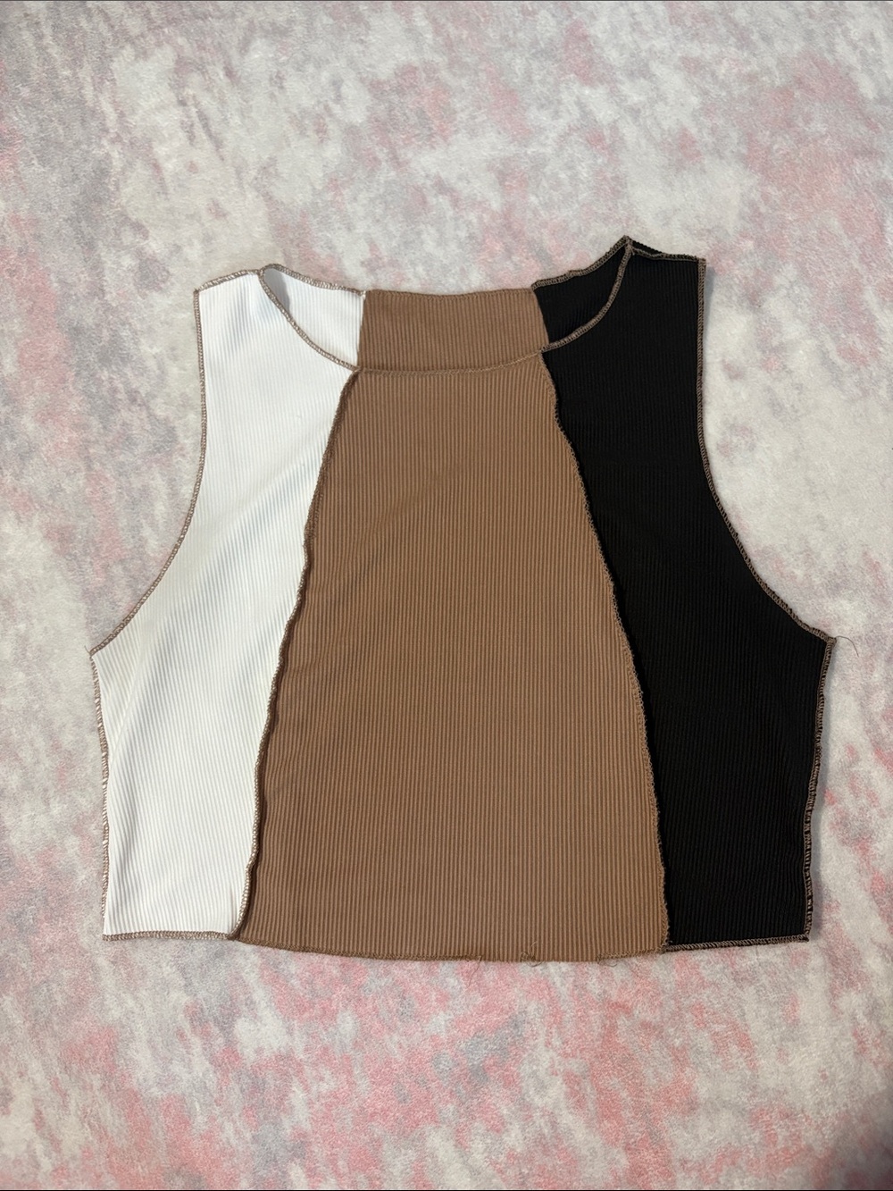 SHEIN Ribbed Colorblock Crop Tank - White, Brown & Black